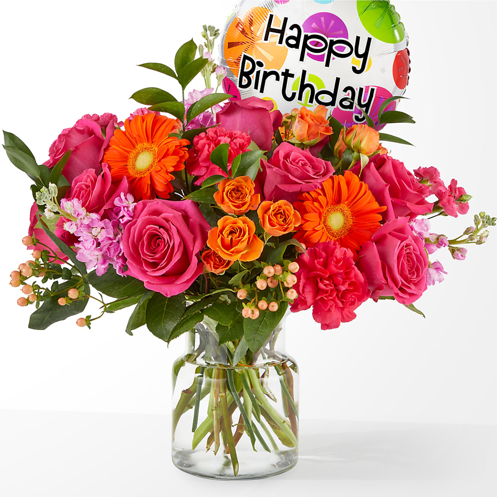 Fiesta Bouquet with Birthday Balloon – Wilderness Treasures, Pickford MI