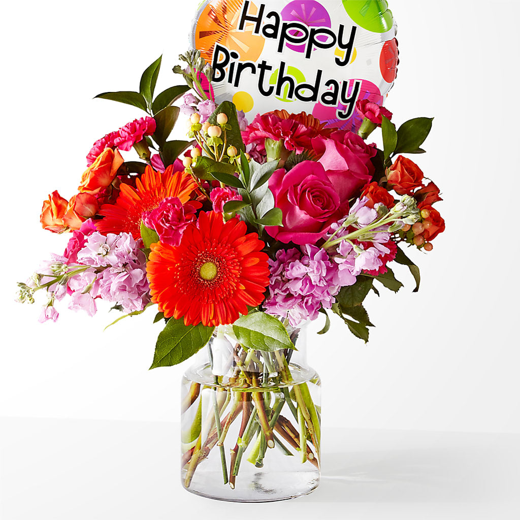 Fiesta Bouquet with Birthday Balloon – Wilderness Treasures, Pickford MI
