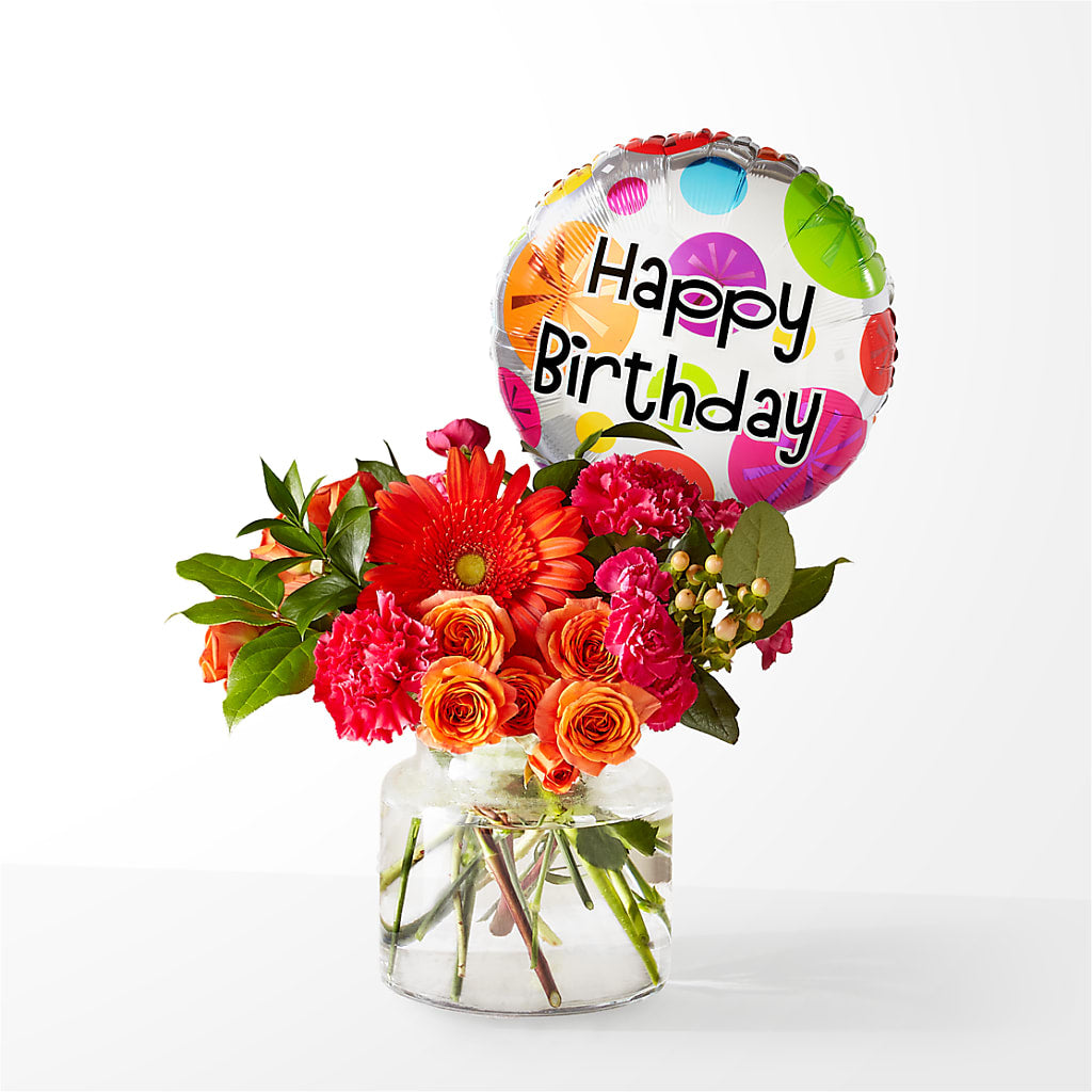 Fiesta Bouquet with Birthday Balloon – Wilderness Treasures, Pickford MI