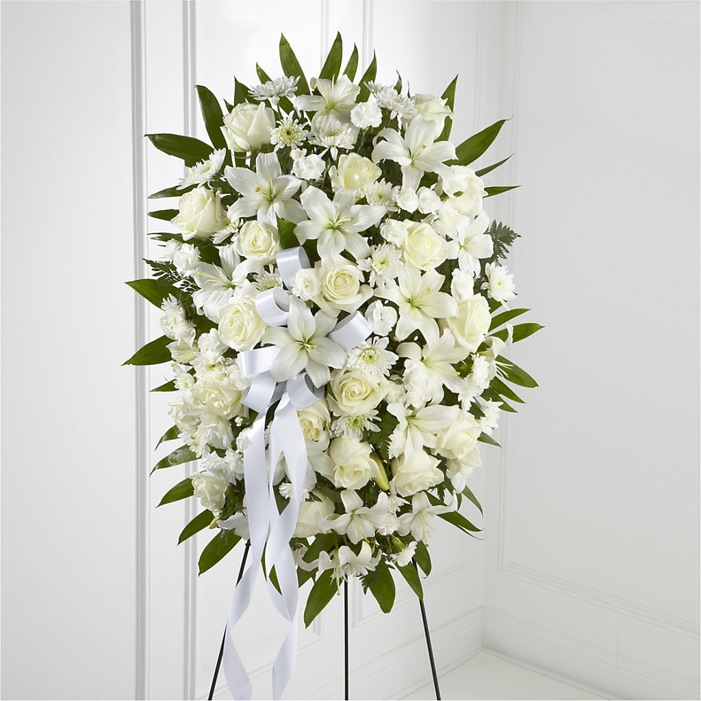 Exquisite Tribute Standing Spray-White Ribbon – Wilderness Treasures, Pickford MI