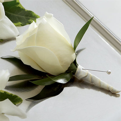 White Rose Boutonniere –  Wilderness Treasures, Pickford MI